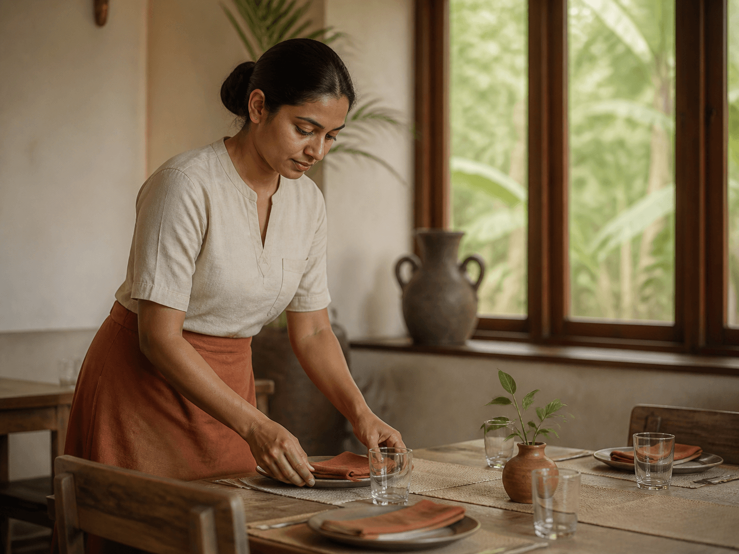 A hospitality professional at work in a calm, welcoming setting.